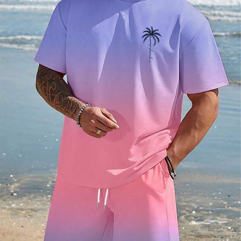 Casual Suit Men'S Sports Summer Short-Sleeved Shorts Trendy Gradient Coconut Tree Men'S Me2-Ma1 - Image 4